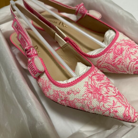 NEW DIOR J'ADIOR SLINGBACK PUMP EMBROIDERED COTTON PINK Toile De Jouy 37.5 7.5 - Picture 3 of 9